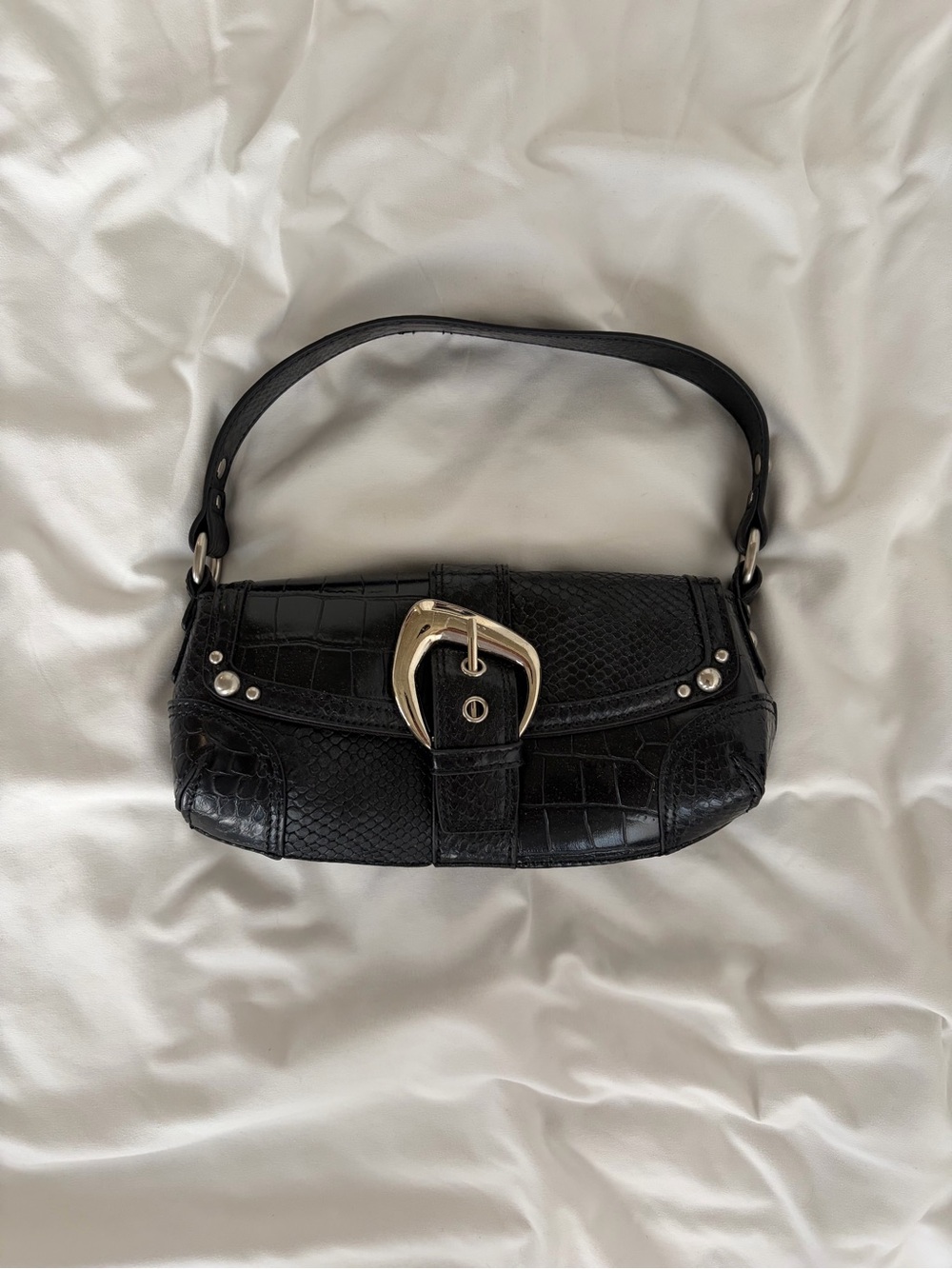 Black Croc-Textured Shoulder Bag with Buckle Detail